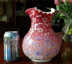 Enamel Decorated Victorian Art Glass Peachblow Cased Water Pitcher