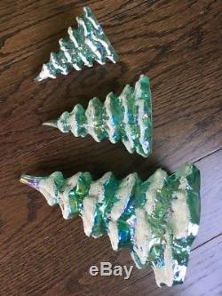 FENTON 3 Pc. Green iridescent Christmas Trees With Snow # C5550E9 In Box