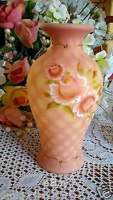 Fenton Burmese Diamond Optic Vase Hand Painted Roses 2008