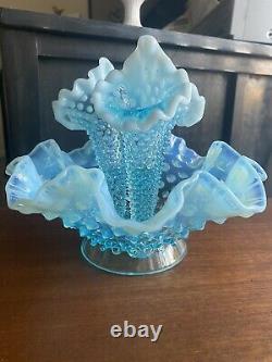 FENTON Blue Opalescent Hobnail Glass Epergne Bowl 3 Lily Horn Vase