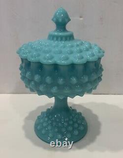 FENTON Blue Turquoise Hobnail Covered Candy Dish