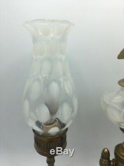 FENTON COIN DOT GLASS LAMP, WHITE, REVERSE, FRENCH, DOUBLE Arm BRASS/TABLE/DESK