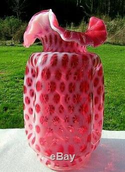 FENTON CRANBERRY OPALESCENT Baby Dot/COIN DOT PINCH RUFFLED VASE 8.25H
