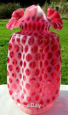 FENTON CRANBERRY OPALESCENT Baby Dot/COIN DOT PINCH RUFFLED VASE 8.25H