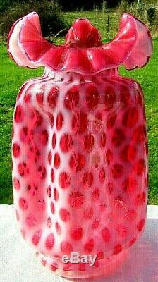 FENTON CRANBERRY OPALESCENT Baby Dot/COIN DOT PINCH RUFFLED VASE 8.25H