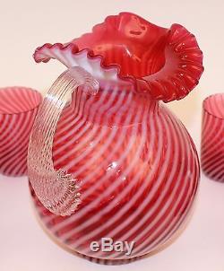 FENTON CRANBERRY OPALESCENT SPIRAL OPTIC 7 PC. WATER SET PITCHER & TUMBLERS