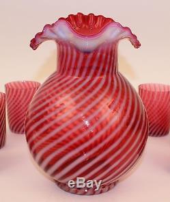 FENTON CRANBERRY OPALESCENT SPIRAL OPTIC 7 PC. WATER SET PITCHER & TUMBLERS