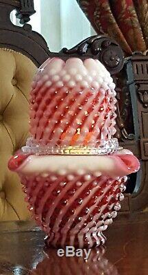 FENTON Fairy Lamp Cranberry Opalescent Hobnail Spiral Optic Swirl 3 Piece EXC