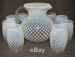 FENTON French Opalescent Hobnail WATER SET PITCHER and 8 BARREL TUMBLERS