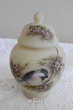 Fenton Glass 6 Cameo Satin Chickadee Ginger Jar Signed By Louise Piper Ooak C