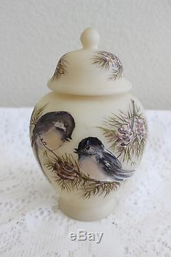 Fenton Glass 6 Cameo Satin Chickadee Ginger Jar Signed By Louise Piper Ooak C