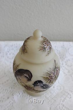 Fenton Glass 6 Cameo Satin Chickadee Ginger Jar Signed By Louise Piper Ooak C