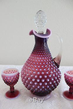 FENTON GLASS PLUM OPALESCENT HOBNAIL DECANTER With STOPPER & 4 GOBLETS (C)