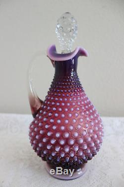 FENTON GLASS PLUM OPALESCENT HOBNAIL DECANTER With STOPPER & 4 GOBLETS (C)
