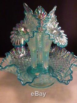 FENTON HOBNAIL Carnival Glass TEAL BLUE 3 Lilly horn Pulpit mini Epergne
