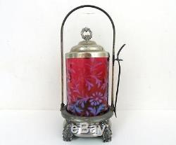 Fenton Lg Wright Antique Victorian Cranberry Daisy & Fern Pickle Castor Jar/fork