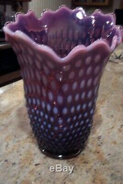 FENTON OPALESCENT HOBNAIL PLUM VASE SWUNG 9 1/4 TALL by 7 1/2 WIDE