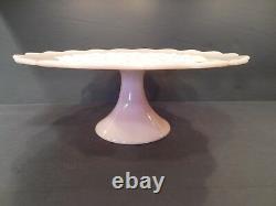 FENTON PINK Spanish Lace Milk Glass Pedestal Footed Cake Stand Plate ScallopEdge