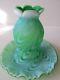 FENTON RARE LIME GREEN SATINIZED SWIRLED FEATHER FAIRY LAMP WITH CANDLE HOLDER