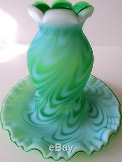 FENTON RARE LIME GREEN SATINIZED SWIRLED FEATHER FAIRY LAMP WITH CANDLE HOLDER
