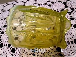Fenton Rare Vaseline Opalescent Cactus Cracker Jar Selling With No Reserve