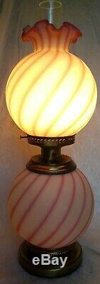 FENTON ROSALINE & WHITE SWIRLED SATIN GLASS GWTW Hurricane Banquet Lamp 3 WAY