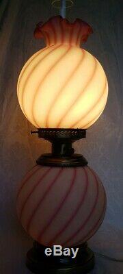 FENTON ROSALINE & WHITE SWIRLED SATIN GLASS GWTW Hurricane Banquet Lamp 3 WAY