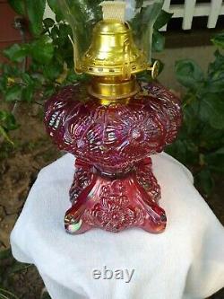 FENTON Ruby Carnival Glass Limited Edition Rose Presznic Poppy Oil Lamp. Signed