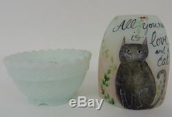 FENTON SATIN BLUE FAIRY LIGHT withHP KITTY CAT by STACY (WILLIAMS) ENOCH OOAK