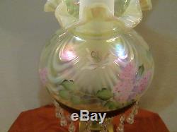 FENTON VASELINE DRAPE LAMP HAND PAINTED WITH HYDRANGES 1997 SELLING NO RESERVE