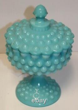 FENTON VINTAGE TURQUOISE HOBNAIL PEDESTAL FOOTED COMPOTE WithCOVER, MINT @1955-58