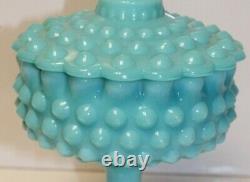 FENTON VINTAGE TURQUOISE HOBNAIL PEDESTAL FOOTED COMPOTE WithCOVER, MINT @1955-58