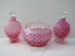 Fenton 1940s Cranberry Opalescent Hobnail Glass Powder Jar Perfume SetNO RESERV