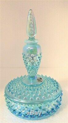 Fenton 2003 Qvc Blue Topaz Aqua Opalescent Iridized Hobnail Perfume Boxtle N Box