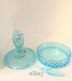 Fenton 2003 Qvc Blue Topaz Aqua Opalescent Iridized Hobnail Perfume Boxtle N Box