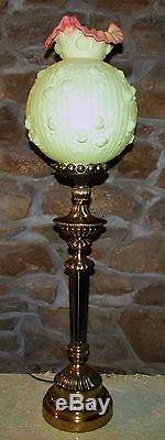Fenton 38 Boudoir Lamp / LOVELY Rose Embossed Burmese Art Glass Hurricane Shade