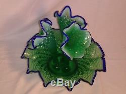 Fenton 3 Lily Epergne Green Opalescent Blue Ridge Diamond Lace 10 Rare