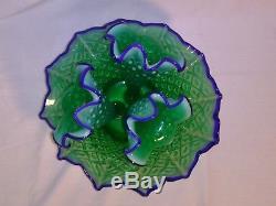 Fenton 3 Lily Epergne Green Opalescent Blue Ridge Diamond Lace 10 Rare