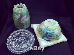 Fenton 3 Piece Pearlescent Topaz Hydrangea Fairy Lamp/Light Excellent FREE SHIP