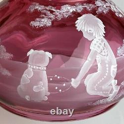 Fenton #99 Of #950 Cranberry Mary Gregory Lamp Boy And Dog Bubb Playing Bulldog