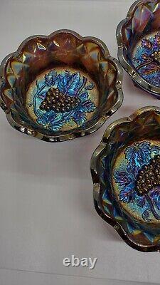 Fenton Art Amethyst Carnival 4 Glass Bowls Raised Grape Scalloped Edge 6 inch