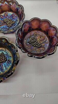Fenton Art Amethyst Carnival 4 Glass Bowls Raised Grape Scalloped Edge 6 inch