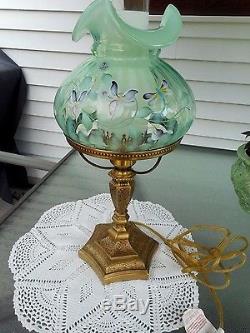 Fenton Art Glass 2001 Lamp Whispering Winds On Willow Green