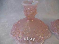 Fenton Art Glass 2 Pink Opalescent Candle Sticks Lily of the Valley USA Vintage