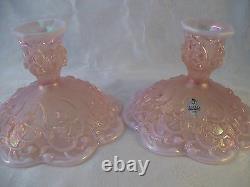 Fenton Art Glass 2 Pink Opalescent Candle Sticks Lily of the Valley USA Vintage