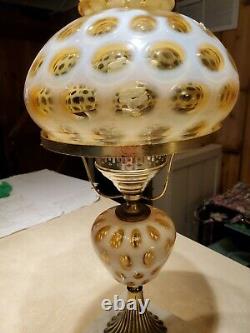 Fenton Art Glass Amber Opalescent Coin Dot 20 3/4 Student lamp with Marble base