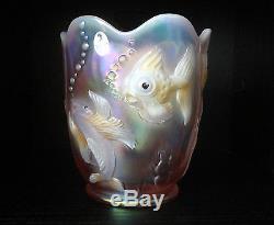 Fenton Art Glass Atlantis Fish Vase Hand Painted Pink Opalescent Signed Gaskins