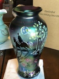 Fenton Art Glass, Black Glass Ghost Rider vase hand painted and signed 2006