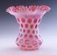 Fenton Art Glass Coin Dot Cranberry Opalescent No 1458 Ruffled 8 1/4 Vase