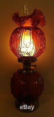Fenton Art Glass Cranberry Cabbage Rose Gone With The Wind Electric Lamp 23